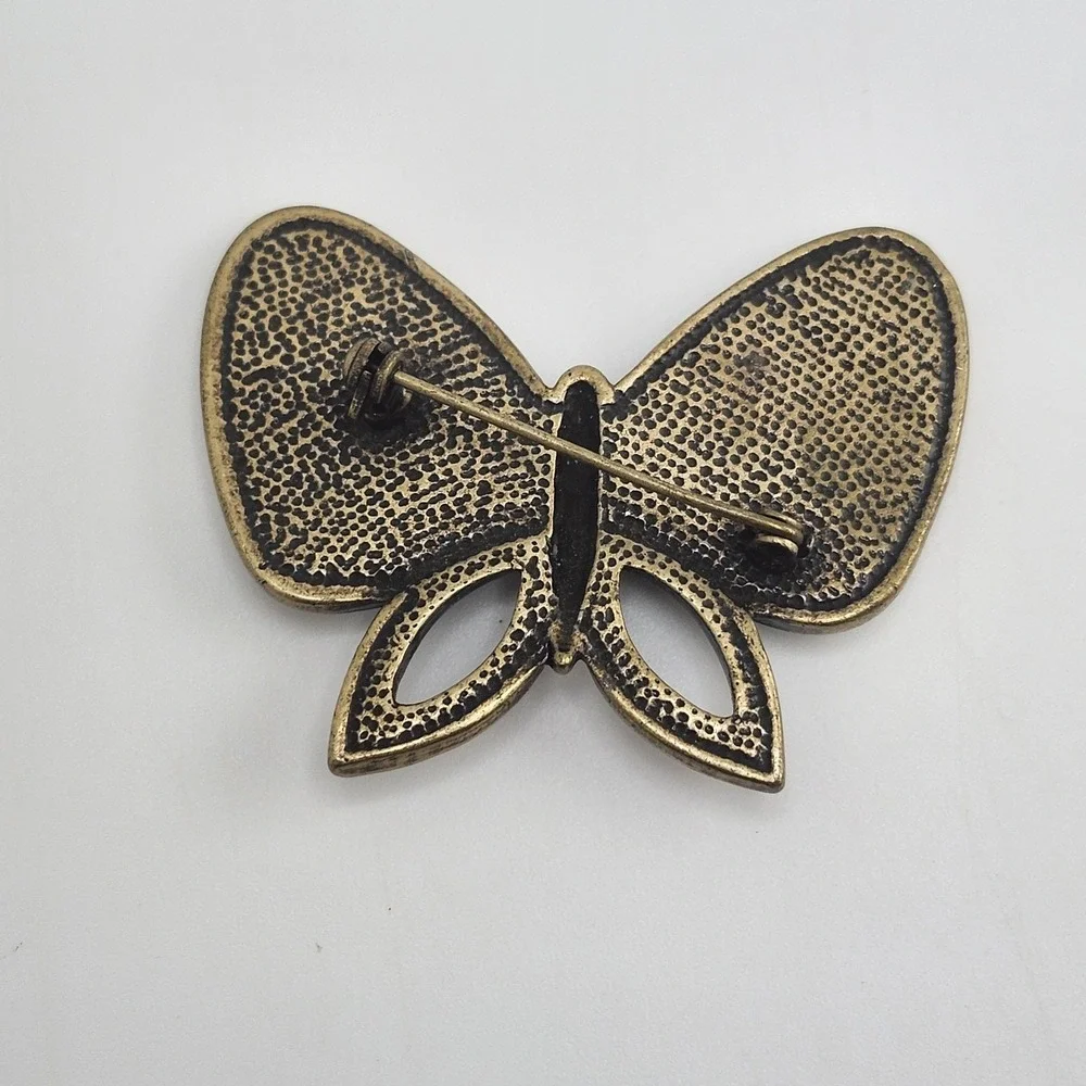 Vintage Pink And Iridescent Marbled‎ Stone Rhinestone Butterfly Brooch Pin